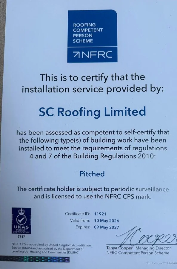 NFRC Competent Person Scheme certificate — SC Roofing Limited. Valid 10 May 2026 – 09 May 2027. Registered for pitched roofing self-certification.